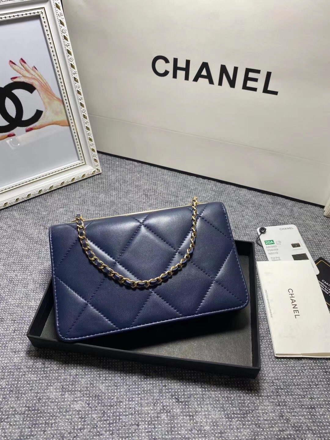 Chanel A80982 Lambskin Wallet On Chain With Gold Navy Blue