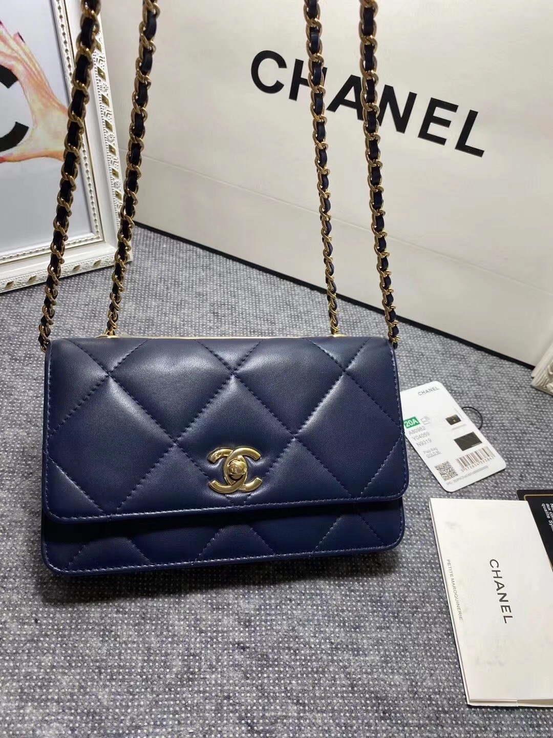 Chanel A80982 Lambskin Wallet On Chain With Gold Navy Blue