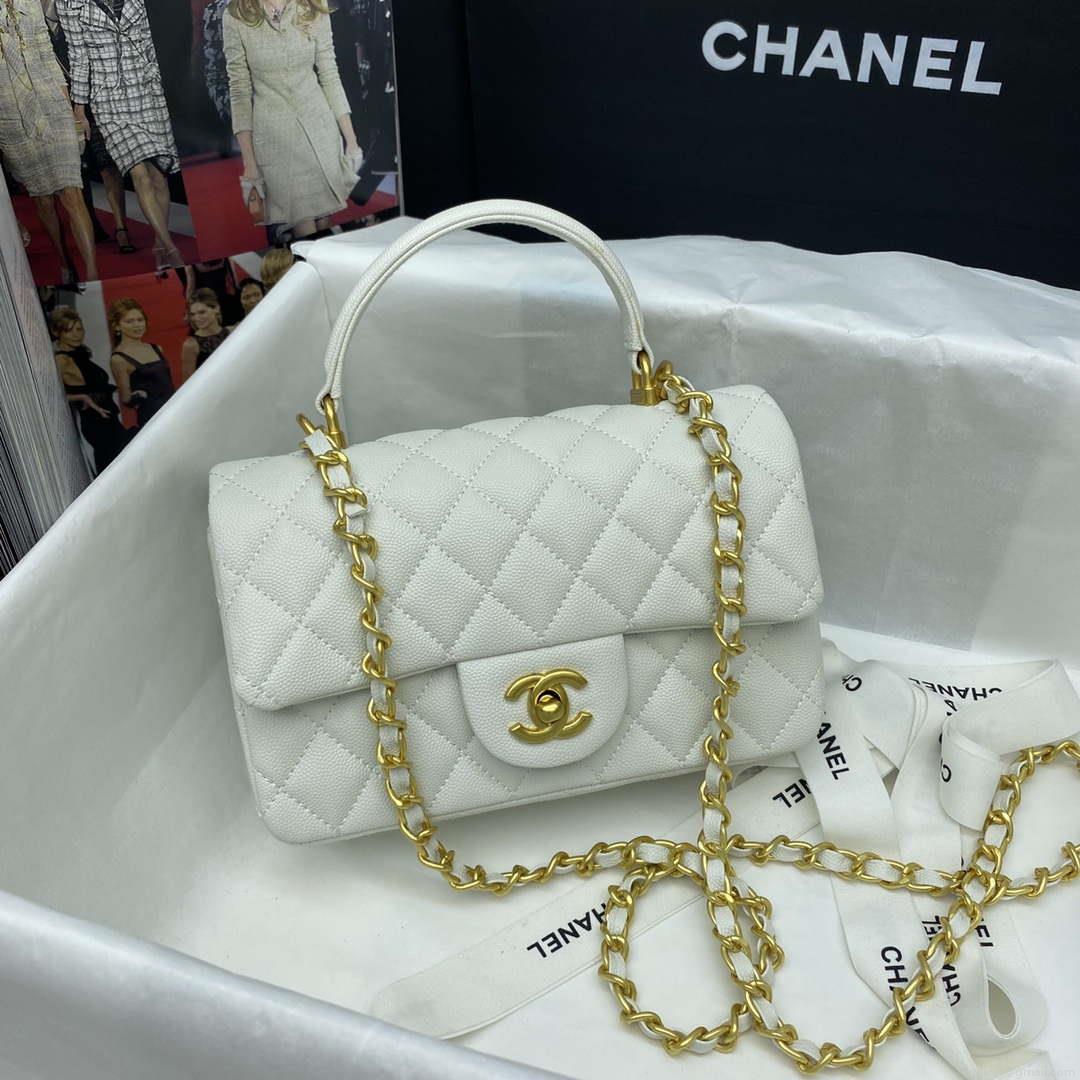Chanel Mini Flap Bag with top Handle AS2431 Grained Calfskin White