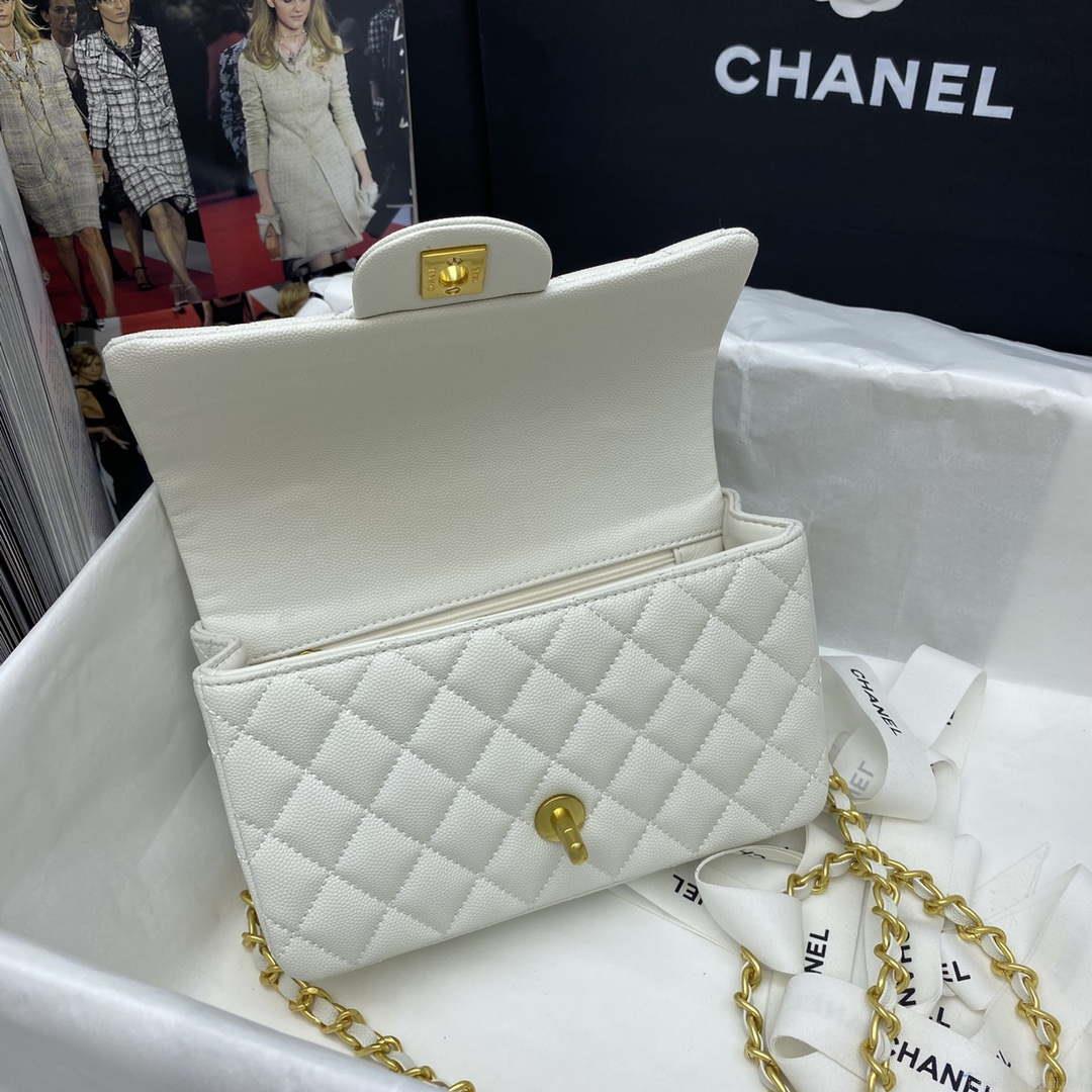 Chanel Mini Flap Bag with top Handle AS2431 Grained Calfskin White