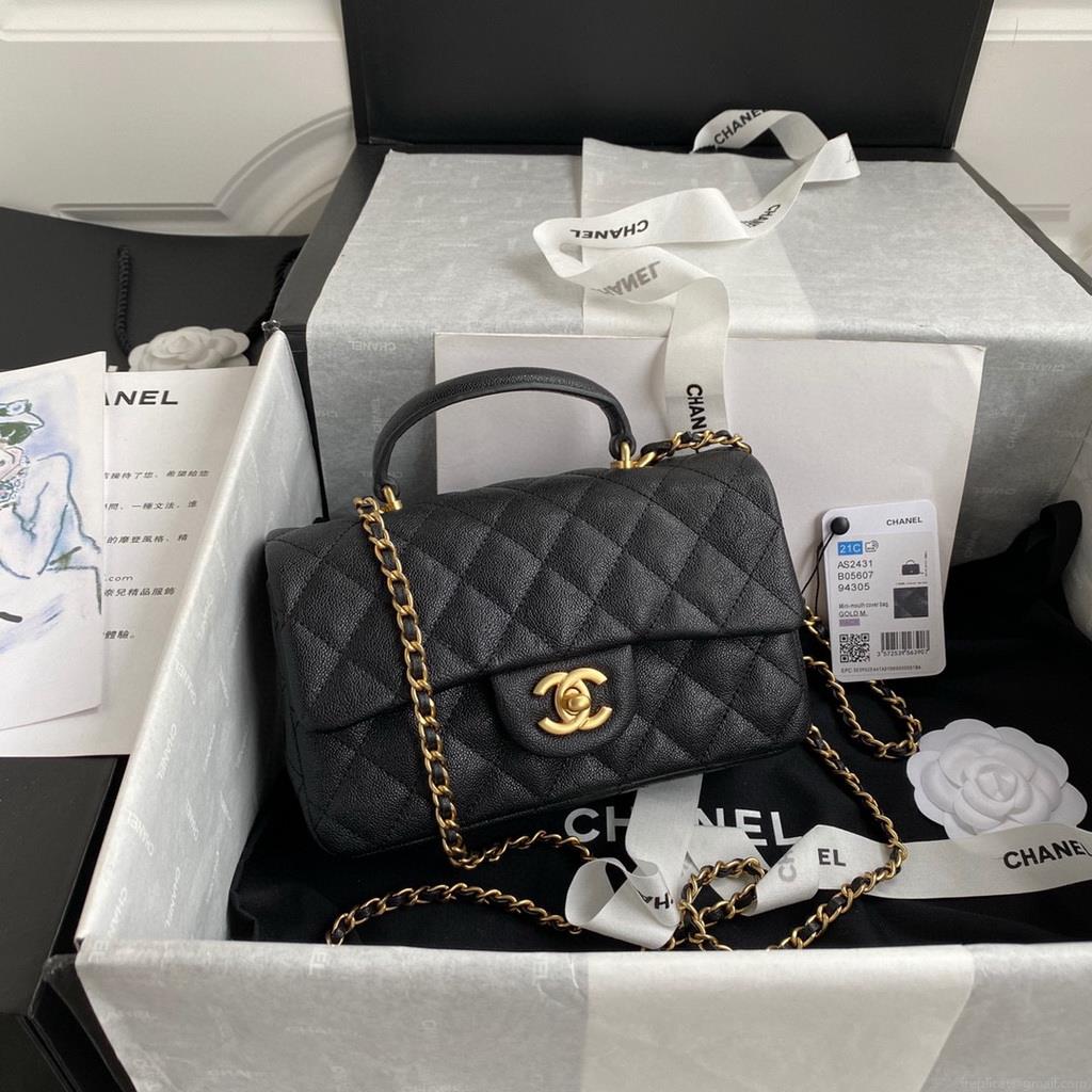 Chanel Mini Flap Bag with top Handle AS2431 Grained Calfskin Black