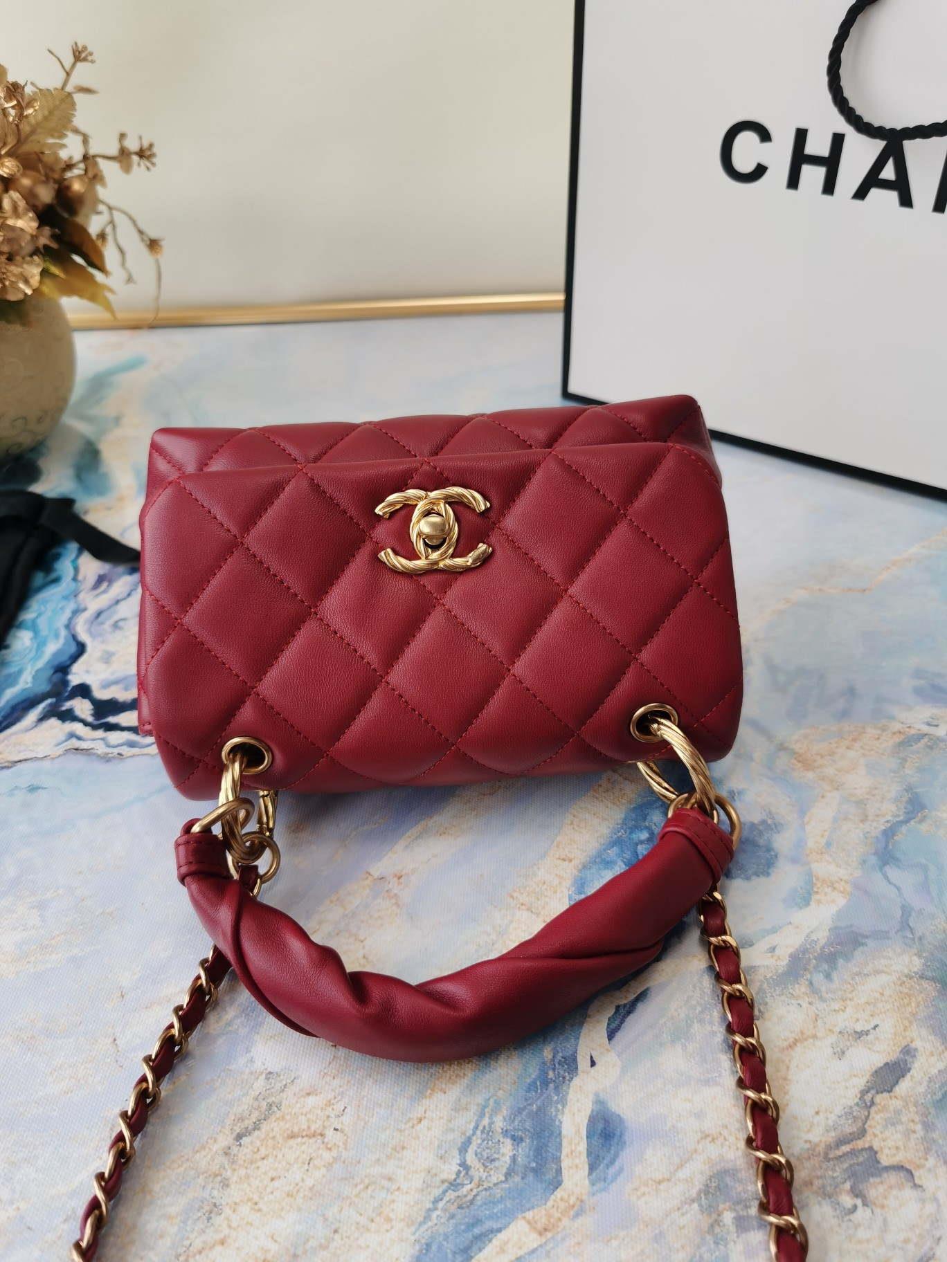 Chanel AS2044 Mini Flap Lambskin Leather Bag With top handle Red