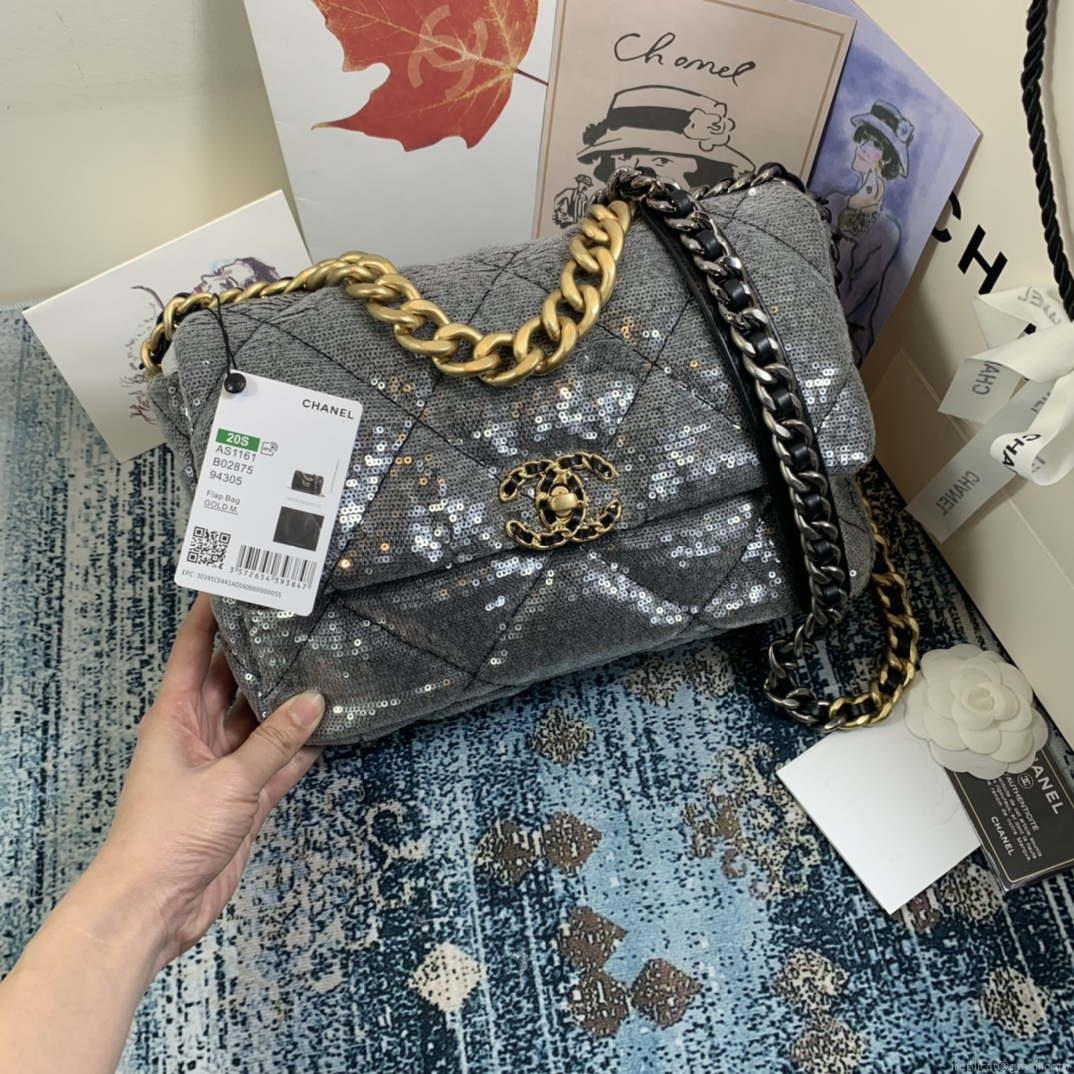 Chanel AS1161 chanel 19 Large Handbag Sequins Calfksin Bag Silver Gray
