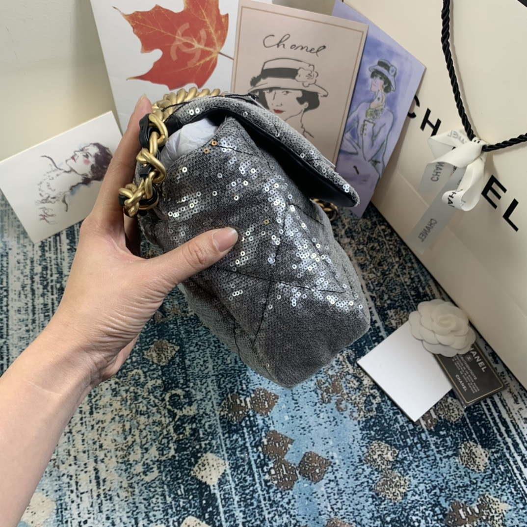 Chanel AS1161 chanel 19 Large Handbag Sequins Calfksin Bag Silver Gray