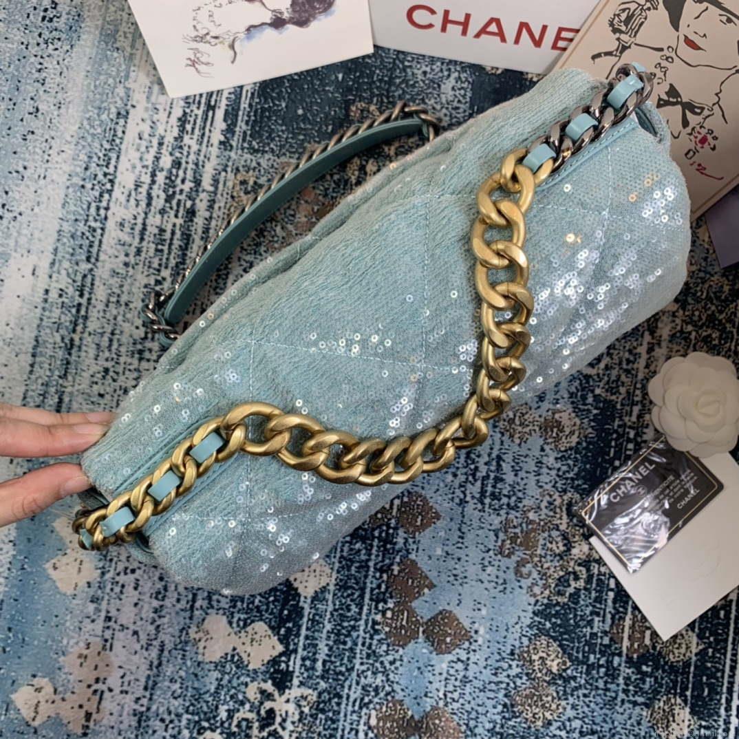 Chanel AS1161 chanel 19 Large Handbag Sequins Calfksin Bag Lake Blue