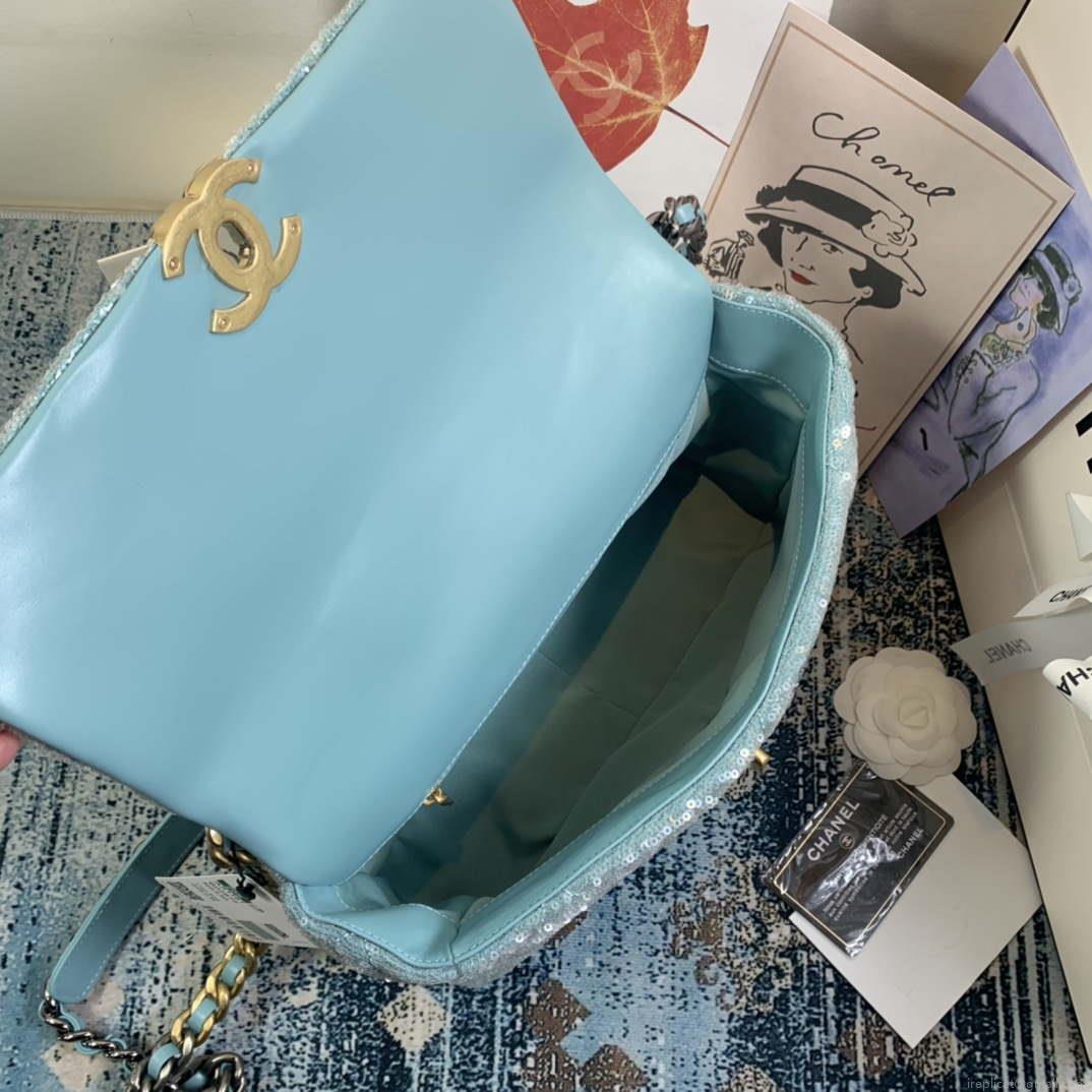 Chanel AS1161 chanel 19 Large Handbag Sequins Calfksin Bag Lake Blue
