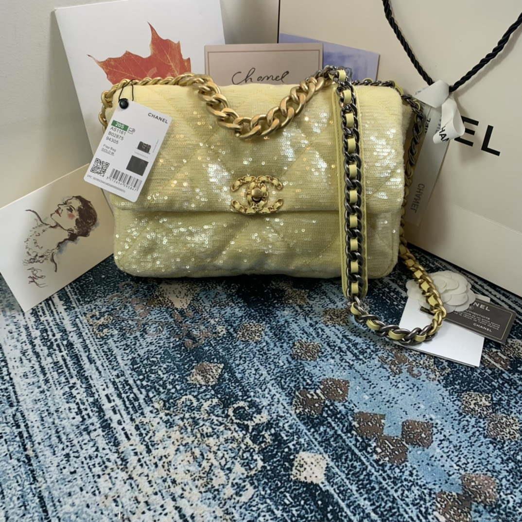 Chanel AS1161 chanel 19 Large Handbag Sequins Calfksin Bag Yellow