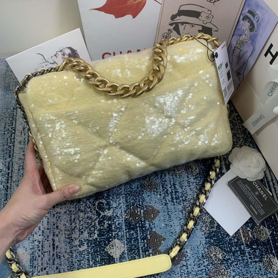 Chanel AS1161 chanel 19 Large Handbag Sequins Calfksin Bag Yellow