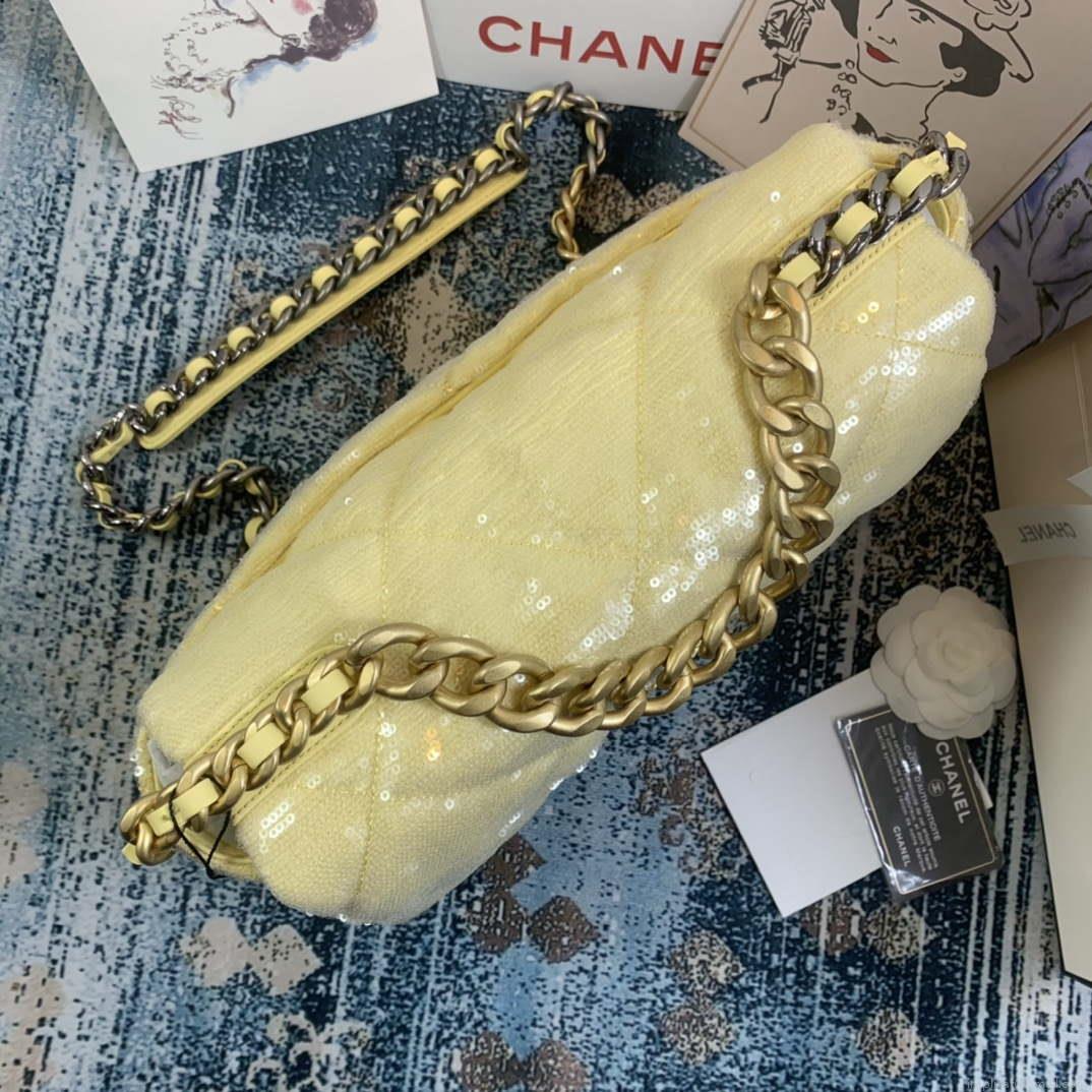 Chanel AS1161 chanel 19 Large Handbag Sequins Calfksin Bag Yellow