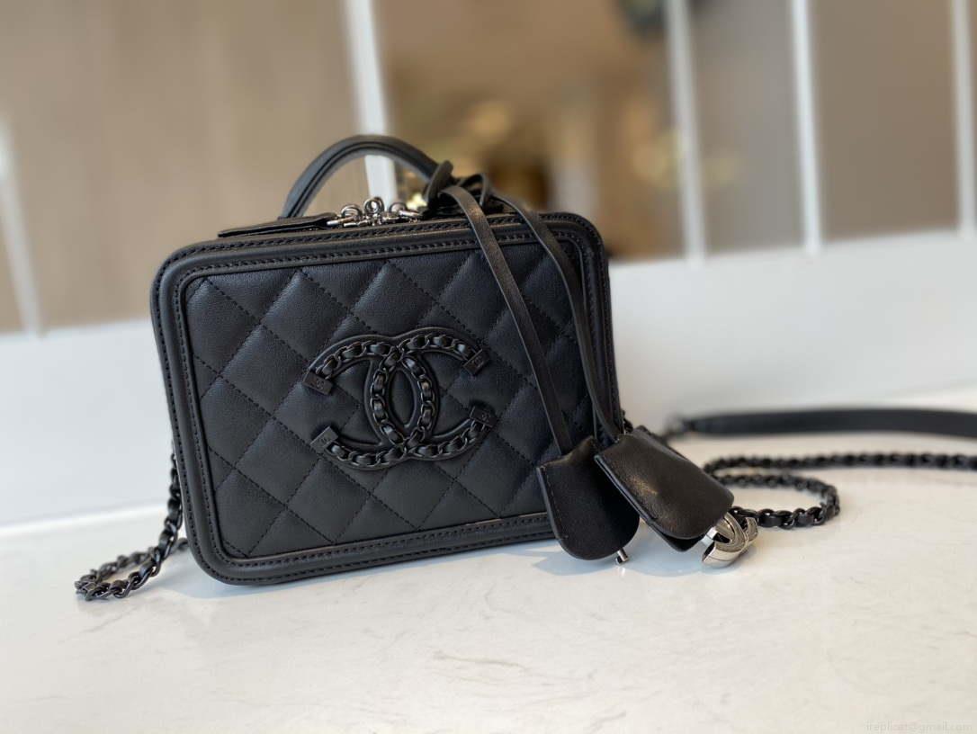 Chanel AS1785 CC Filigree Vanity Case Bag Grained Calfskin Black