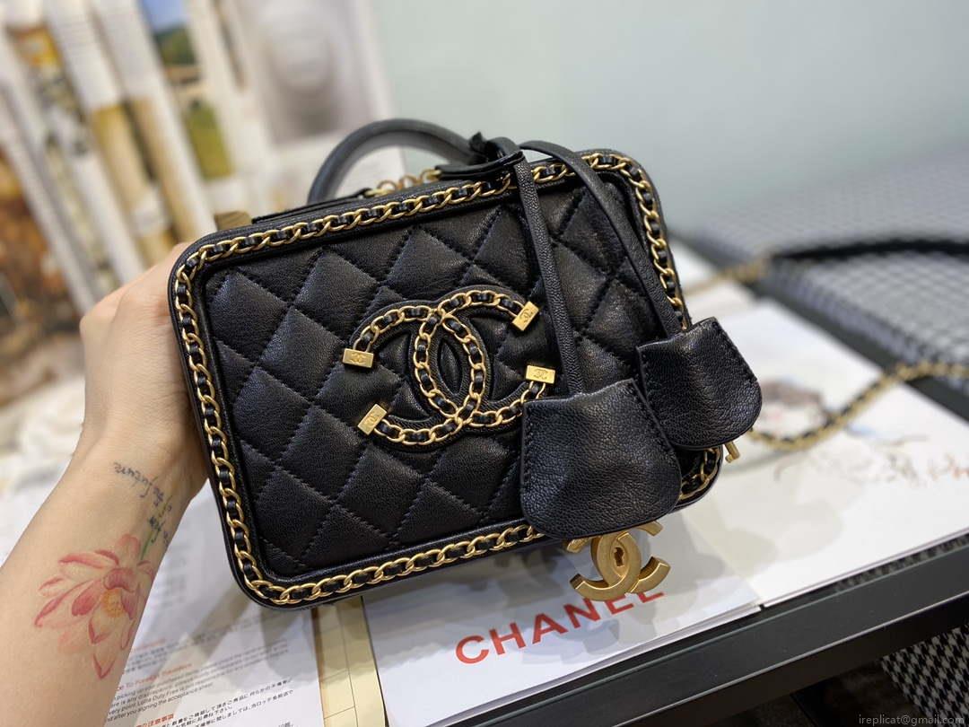 Chanel AS1785 CC Filigree Vanity Case Bag Grained Calfskin Black Gold