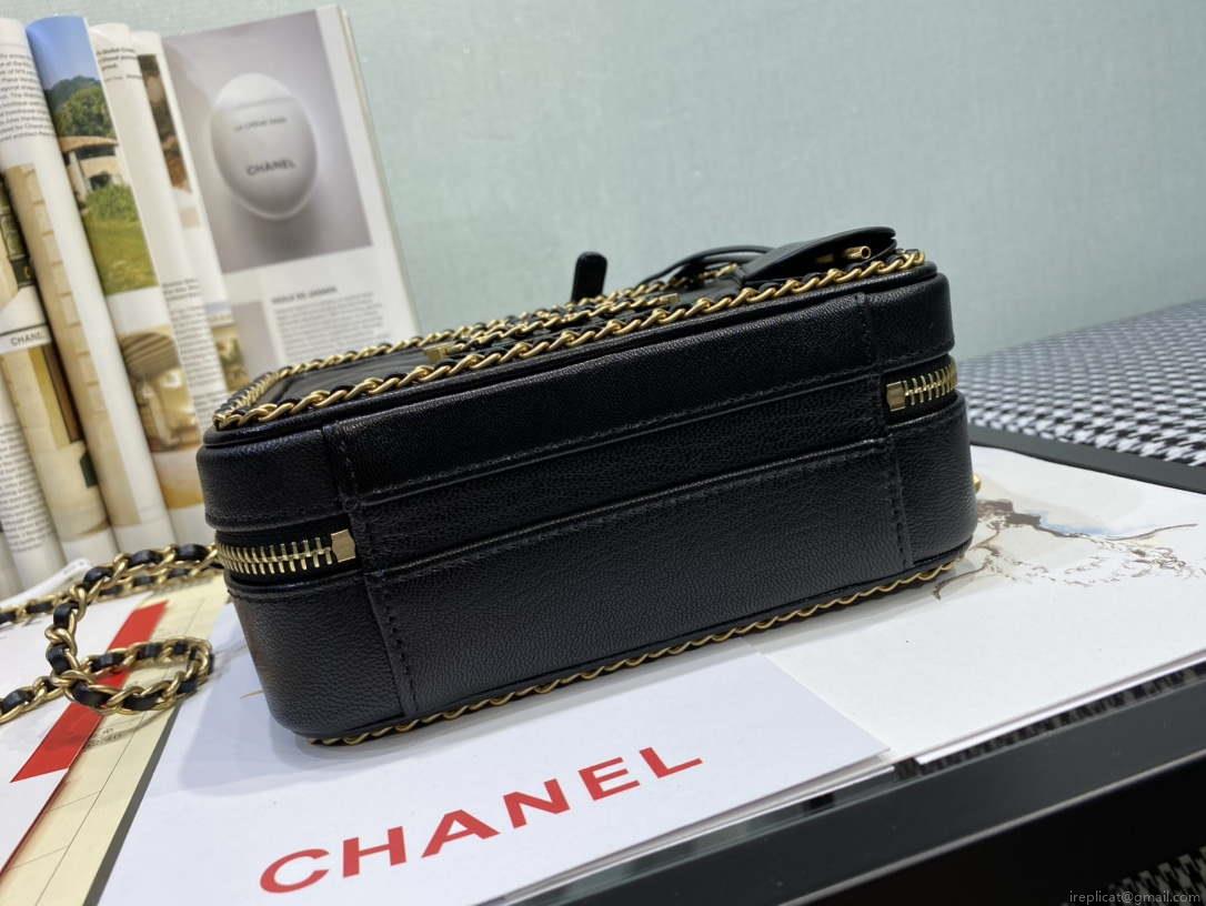 Chanel AS1785 CC Filigree Vanity Case Bag Grained Calfskin Black Gold