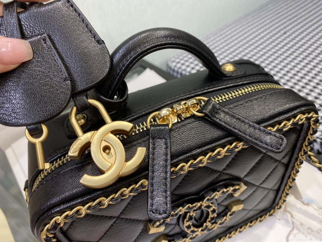 Chanel AS1785 CC Filigree Vanity Case Bag Grained Calfskin Black Gold