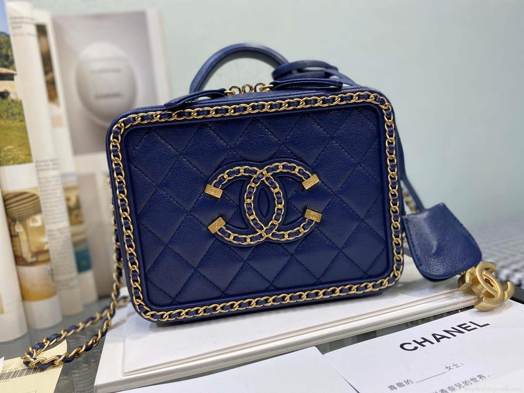 Chanel AS1785 CC Filigree Vanity Case Bag Grained Calfskin Navy Blue