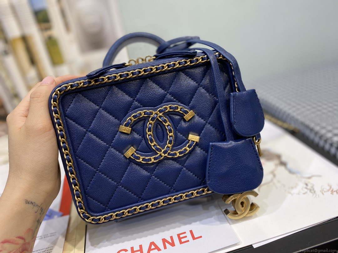 Chanel AS1785 CC Filigree Vanity Case Bag Grained Calfskin Navy Blue