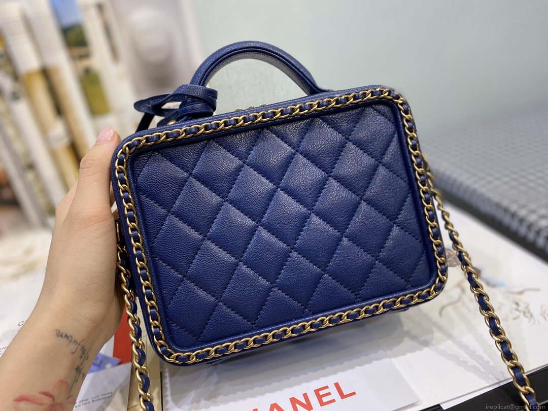Chanel AS1785 CC Filigree Vanity Case Bag Grained Calfskin Navy Blue