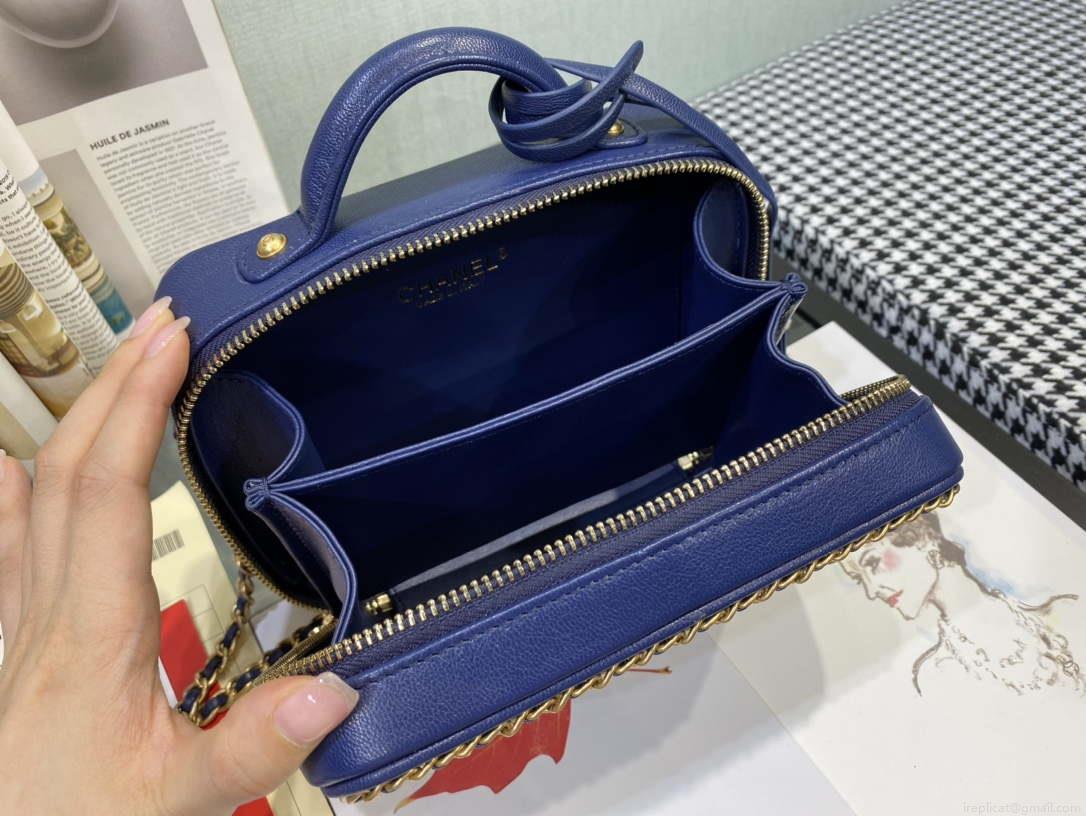 Chanel AS1785 CC Filigree Vanity Case Bag Grained Calfskin Navy Blue