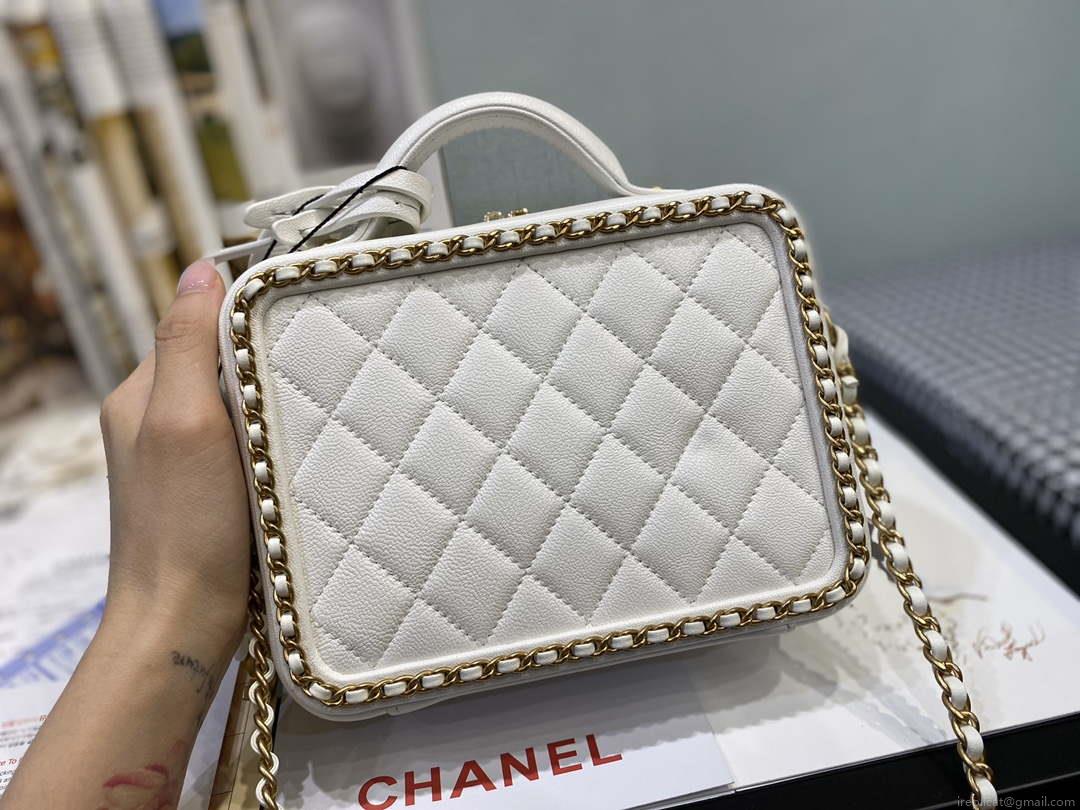 Chanel AS1785 CC Filigree Vanity Case Bag Grained Calfskin White