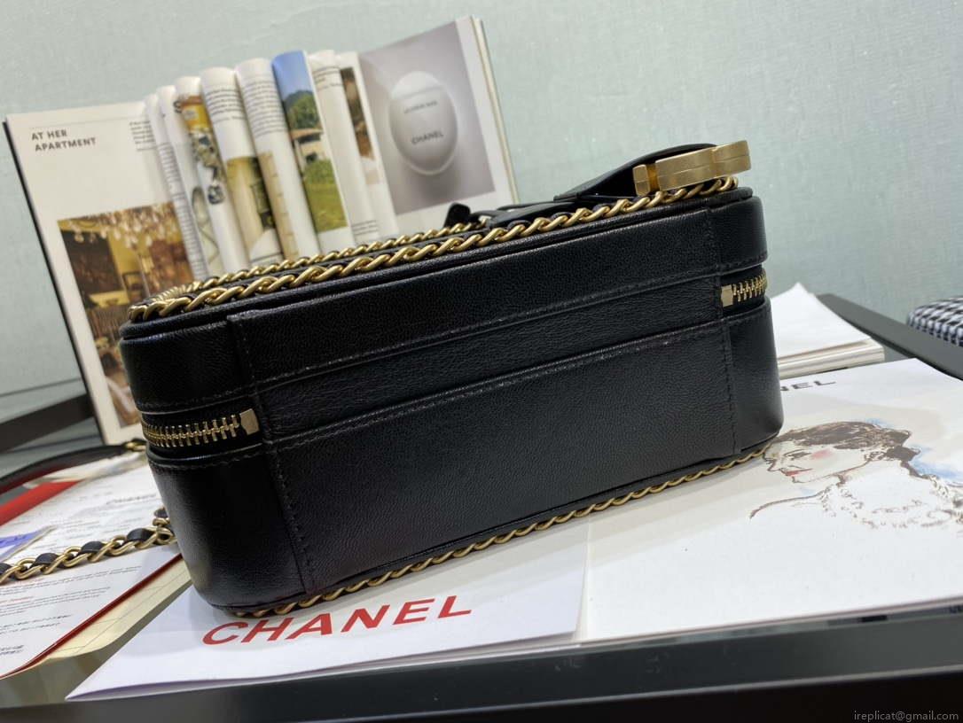 Chanel CC Filigree Vanity Case Bag Grained Calfskin A93343 Black Gold