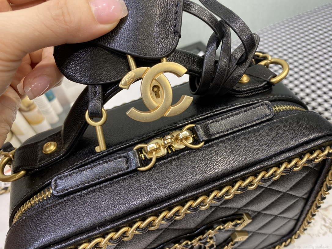 Chanel CC Filigree Vanity Case Bag Grained Calfskin A93343 Black Gold