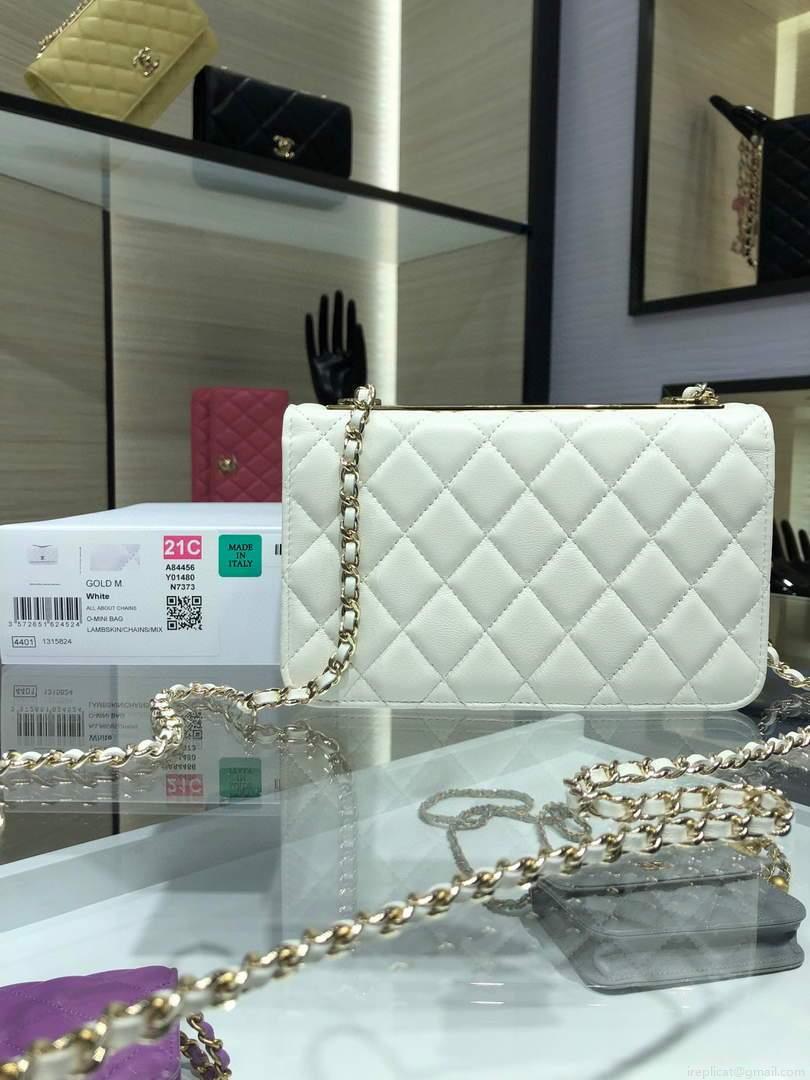 Chanel A84456 Chevron Trendy CC Wallet On Chain WOC Bag Lambskin White