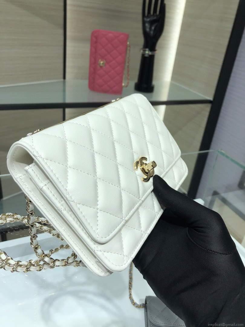 Chanel A84456 Chevron Trendy CC Wallet On Chain WOC Bag Lambskin White