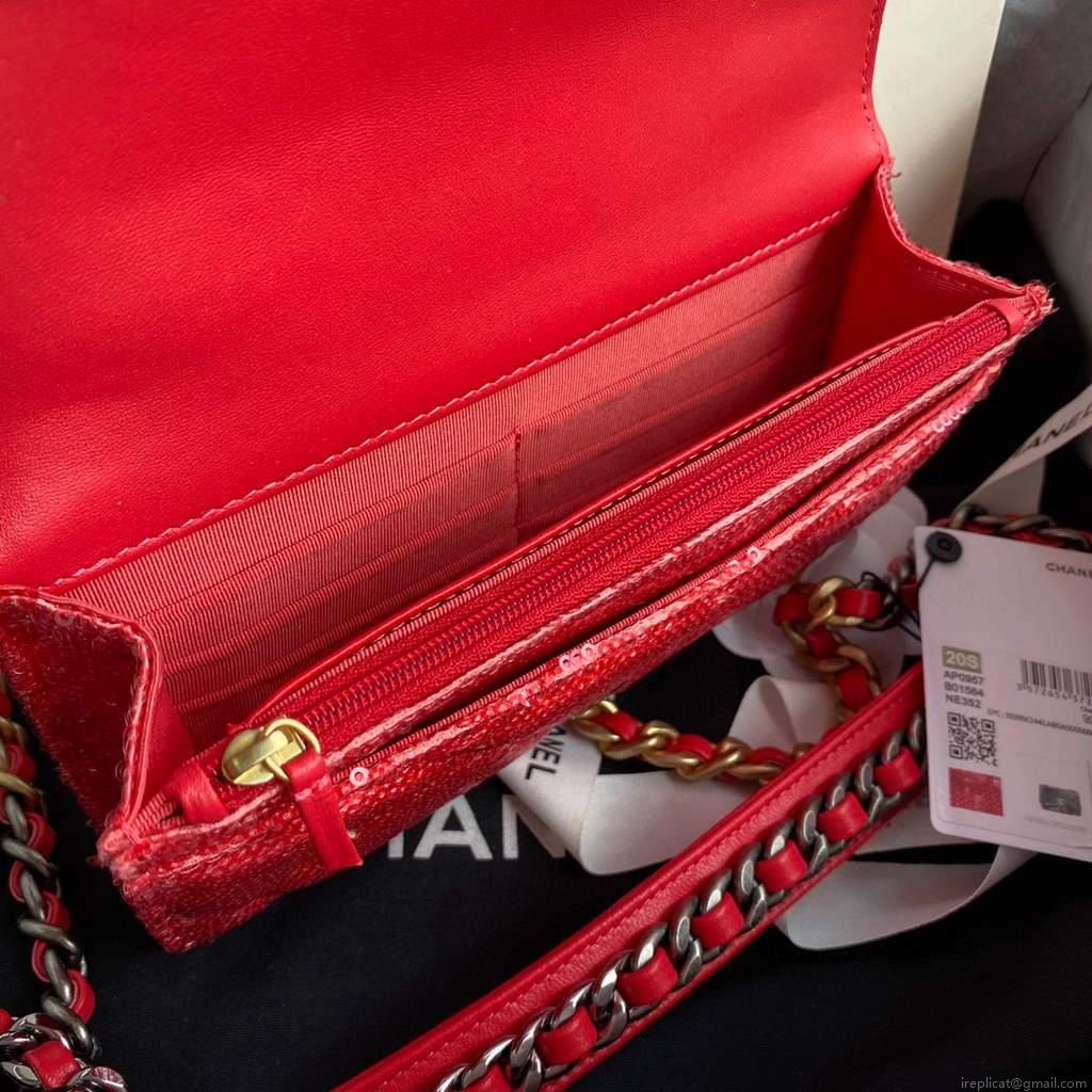 Chanel AP0250 Chanel 19 wallet on chain shiny Lambskin Beads Red