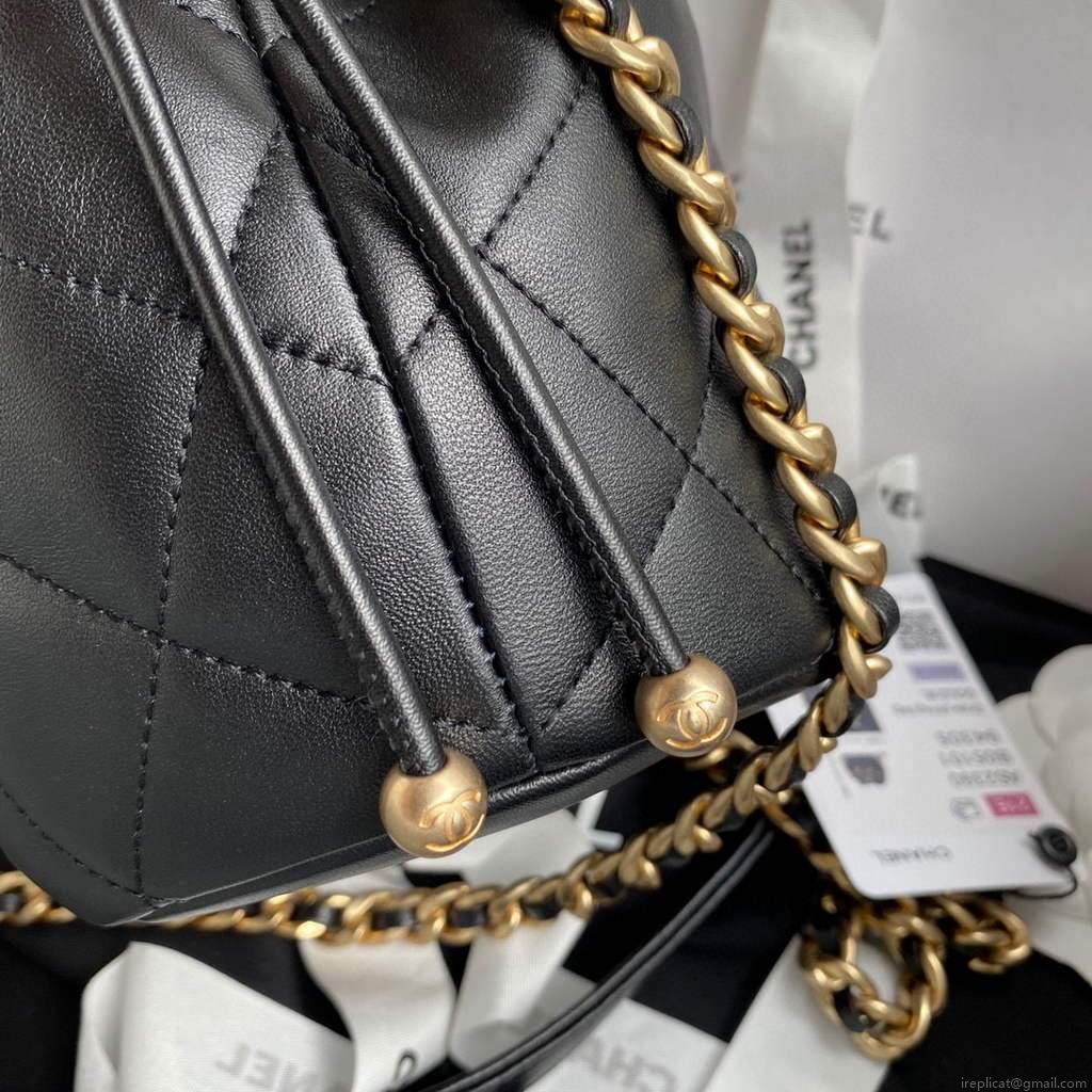 Chanel AS2390 Shiny Lambskin Small Drawstring Bucket Bag Black