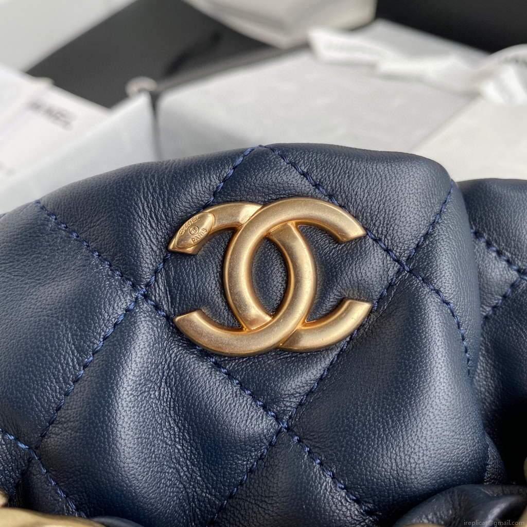 Chanel AS2425 Shiny Lambskin Large Drawstring Bucket Bag Navy Blue