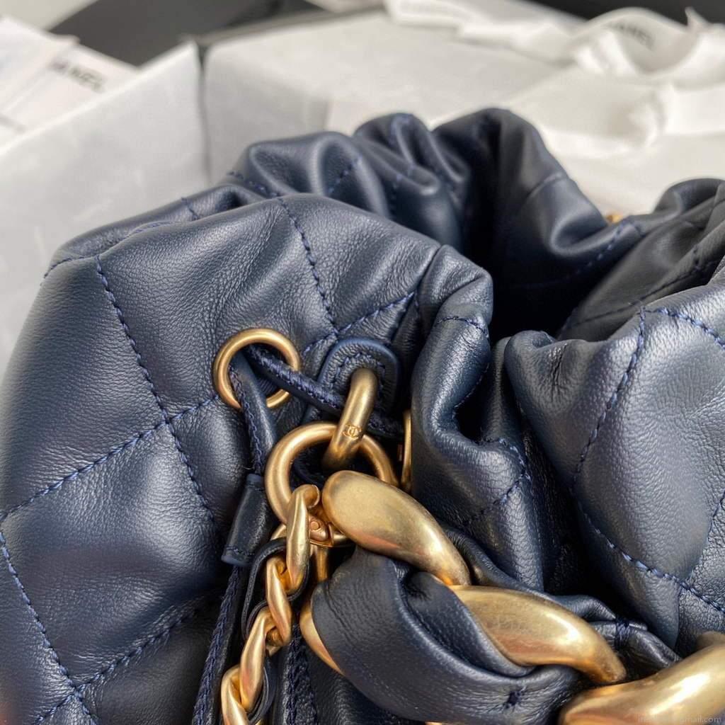 Chanel AS2425 Shiny Lambskin Large Drawstring Bucket Bag Navy Blue