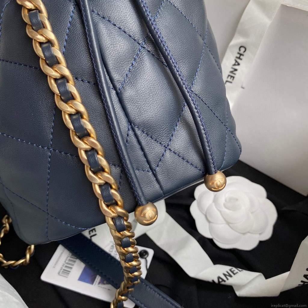 Chanel AS2425 Shiny Lambskin Large Drawstring Bucket Bag Navy Blue