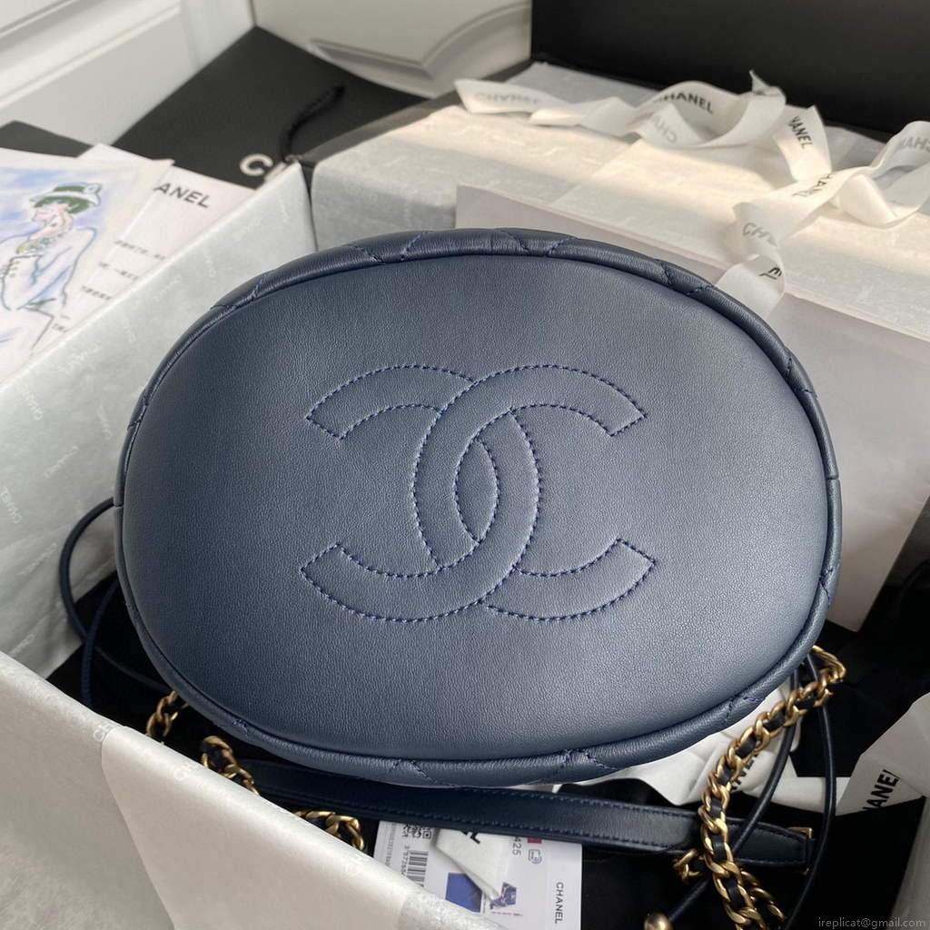 Chanel AS2425 Shiny Lambskin Large Drawstring Bucket Bag Navy Blue