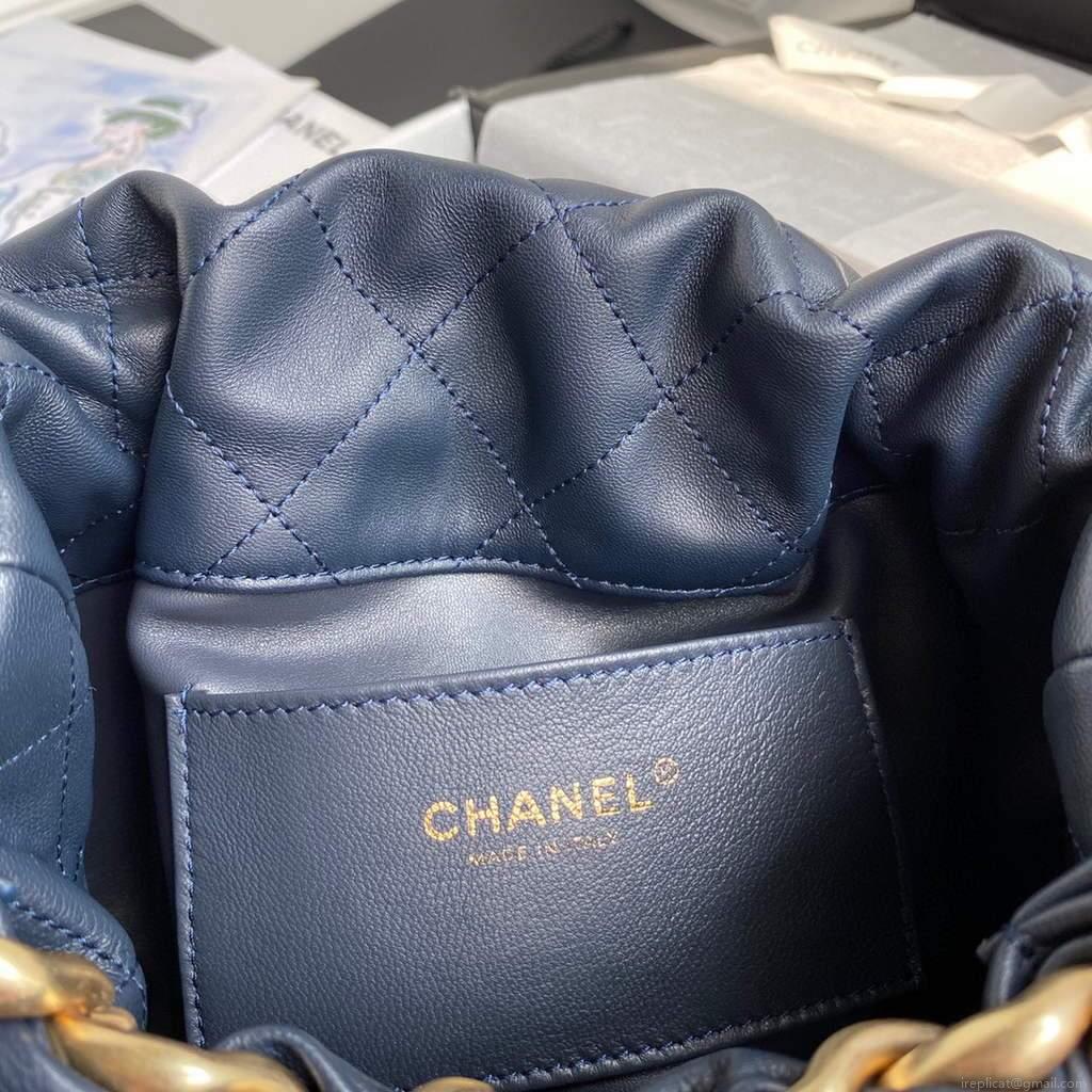 Chanel AS2425 Shiny Lambskin Large Drawstring Bucket Bag Navy Blue