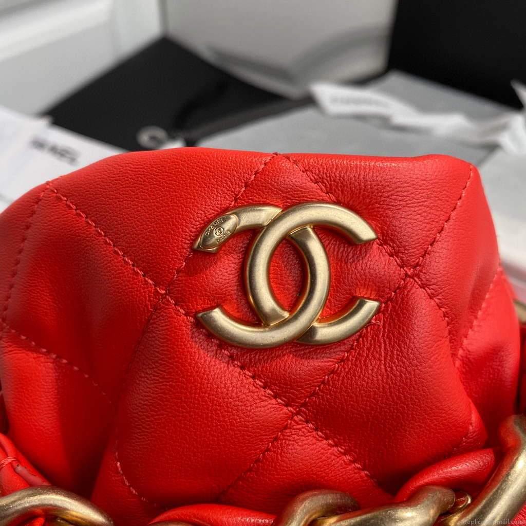 Chanel AS2425 Shiny Lambskin Large Drawstring Bucket Bag Red