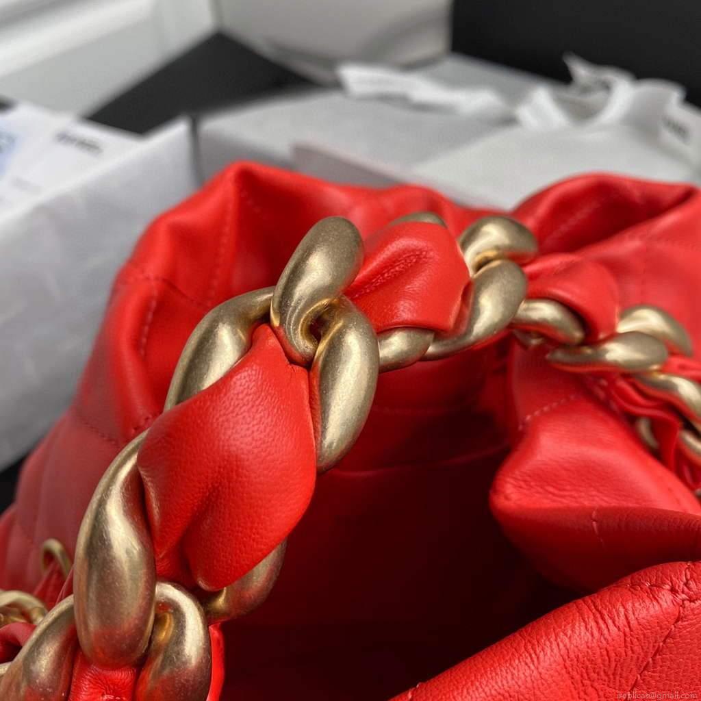 Chanel AS2425 Shiny Lambskin Large Drawstring Bucket Bag Red