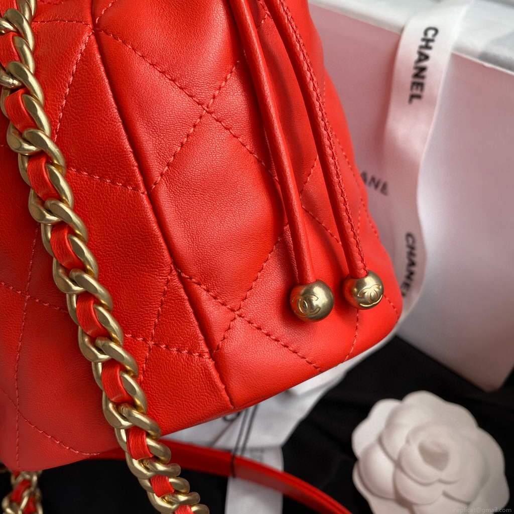 Chanel AS2425 Shiny Lambskin Large Drawstring Bucket Bag Red