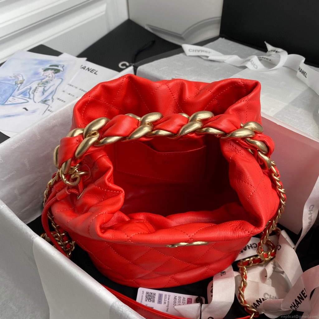 Chanel AS2425 Shiny Lambskin Large Drawstring Bucket Bag Red