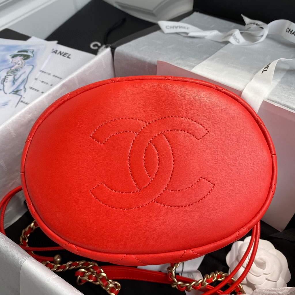Chanel AS2425 Shiny Lambskin Large Drawstring Bucket Bag Red