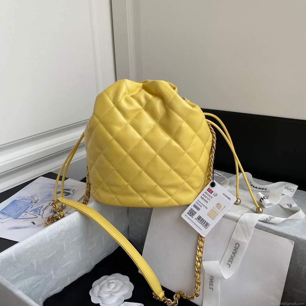 Chanel AS2425 Shiny Lambskin Large Drawstring Bucket Bag Yellow