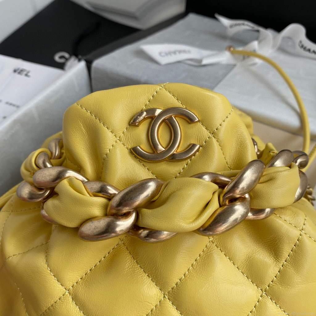 Chanel AS2425 Shiny Lambskin Large Drawstring Bucket Bag Yellow