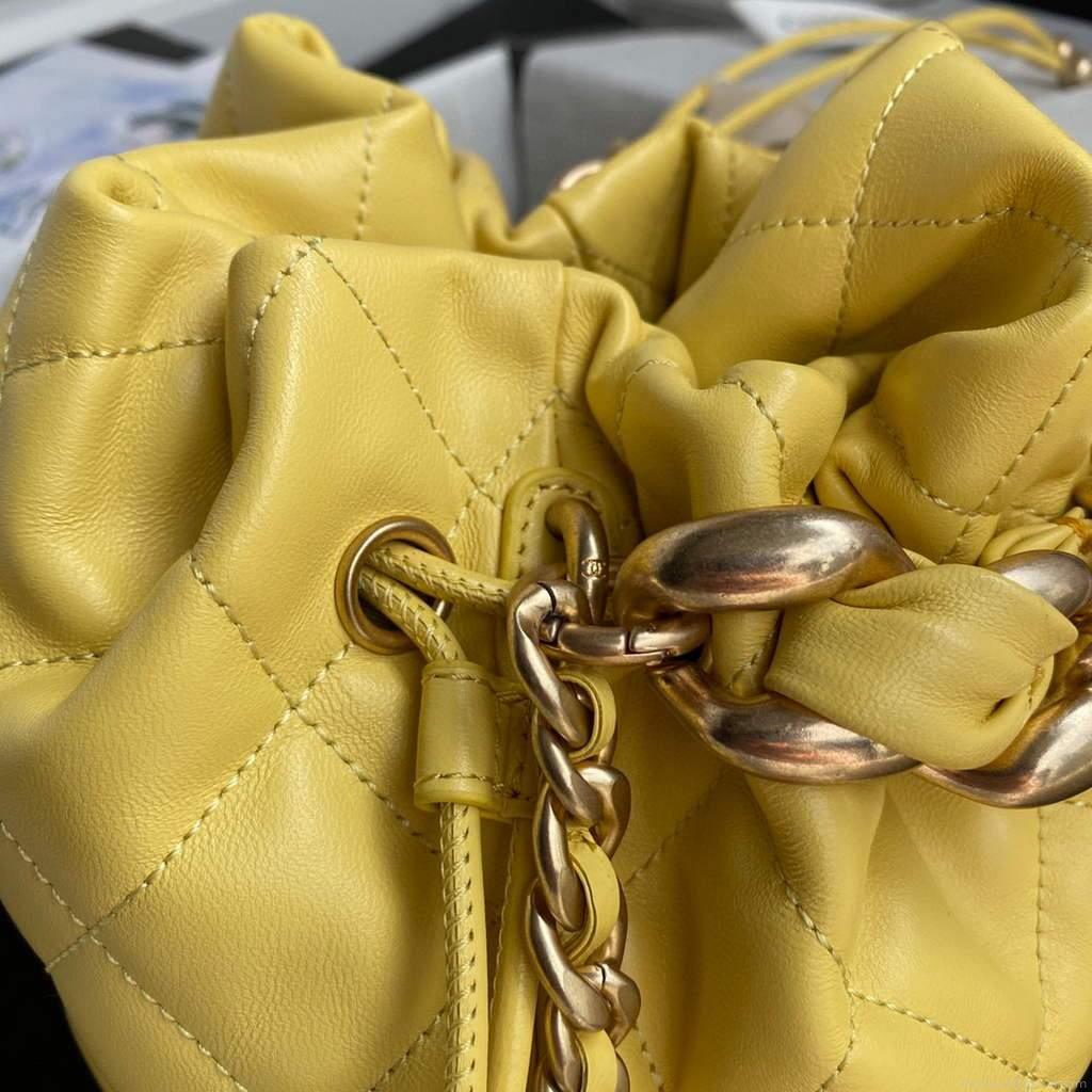 Chanel AS2425 Shiny Lambskin Large Drawstring Bucket Bag Yellow