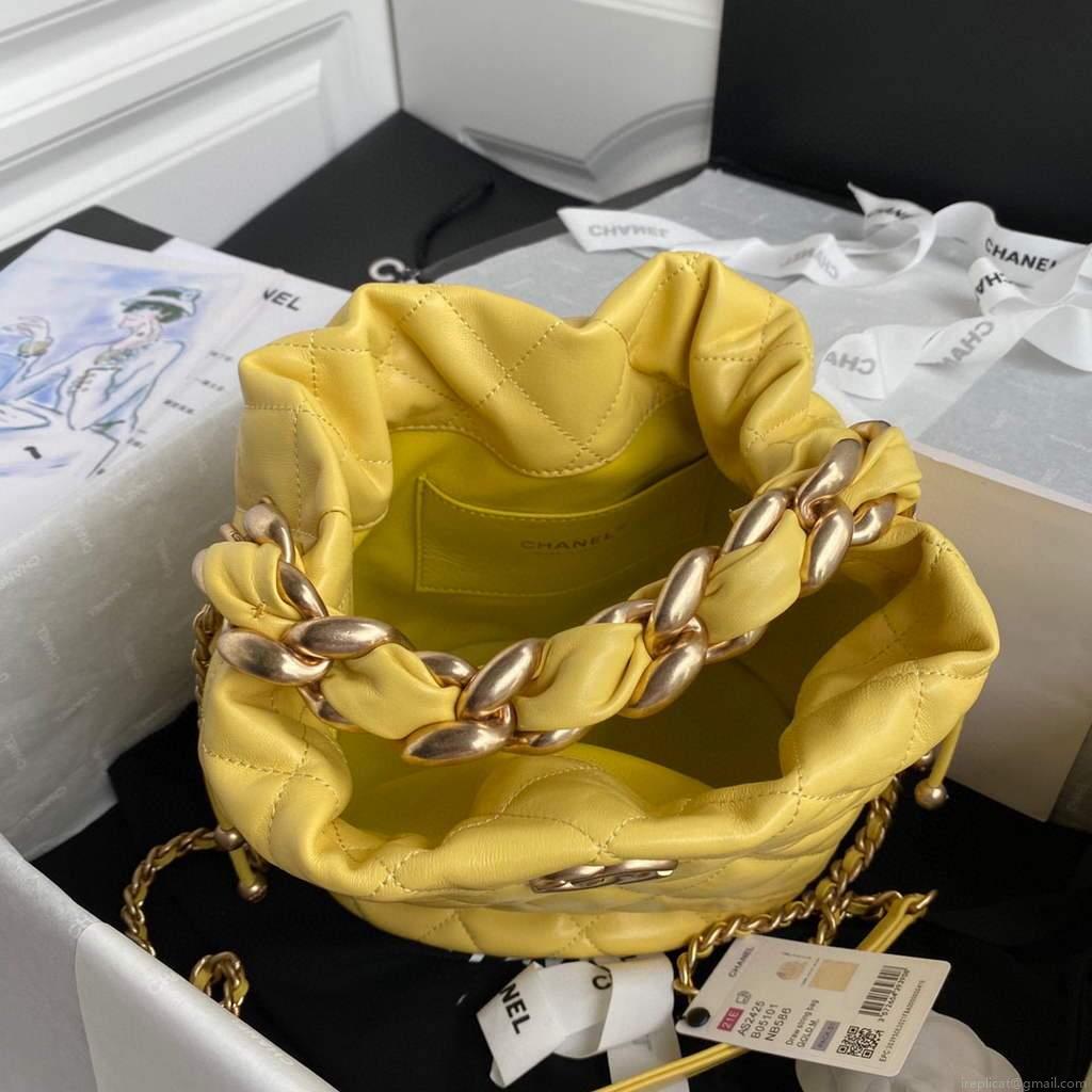 Chanel AS2425 Shiny Lambskin Large Drawstring Bucket Bag Yellow