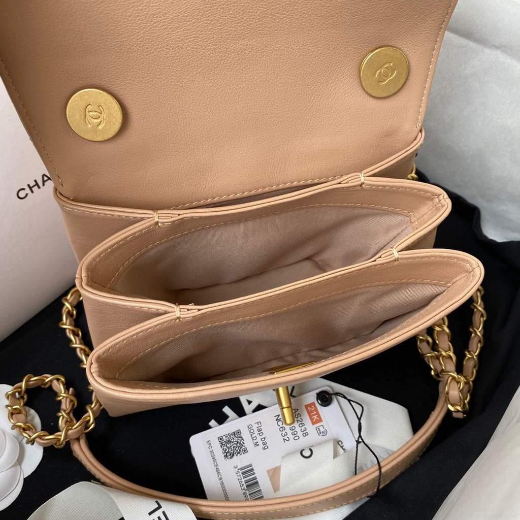 Chanel AS2638 Mini Flap Bag Calfskin Gold Tone Metal Apricot