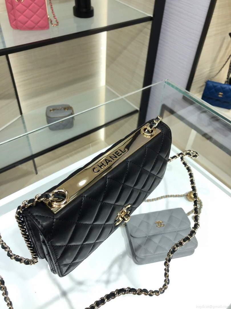 Chanel A84456 Chevron Trendy CC Wallet On Chain WOC Bag Lambskin Black