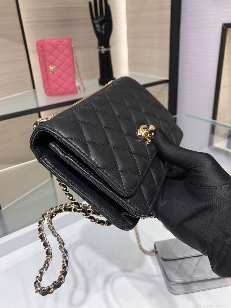 Chanel A84456 Chevron Trendy CC Wallet On Chain WOC Bag Lambskin Black