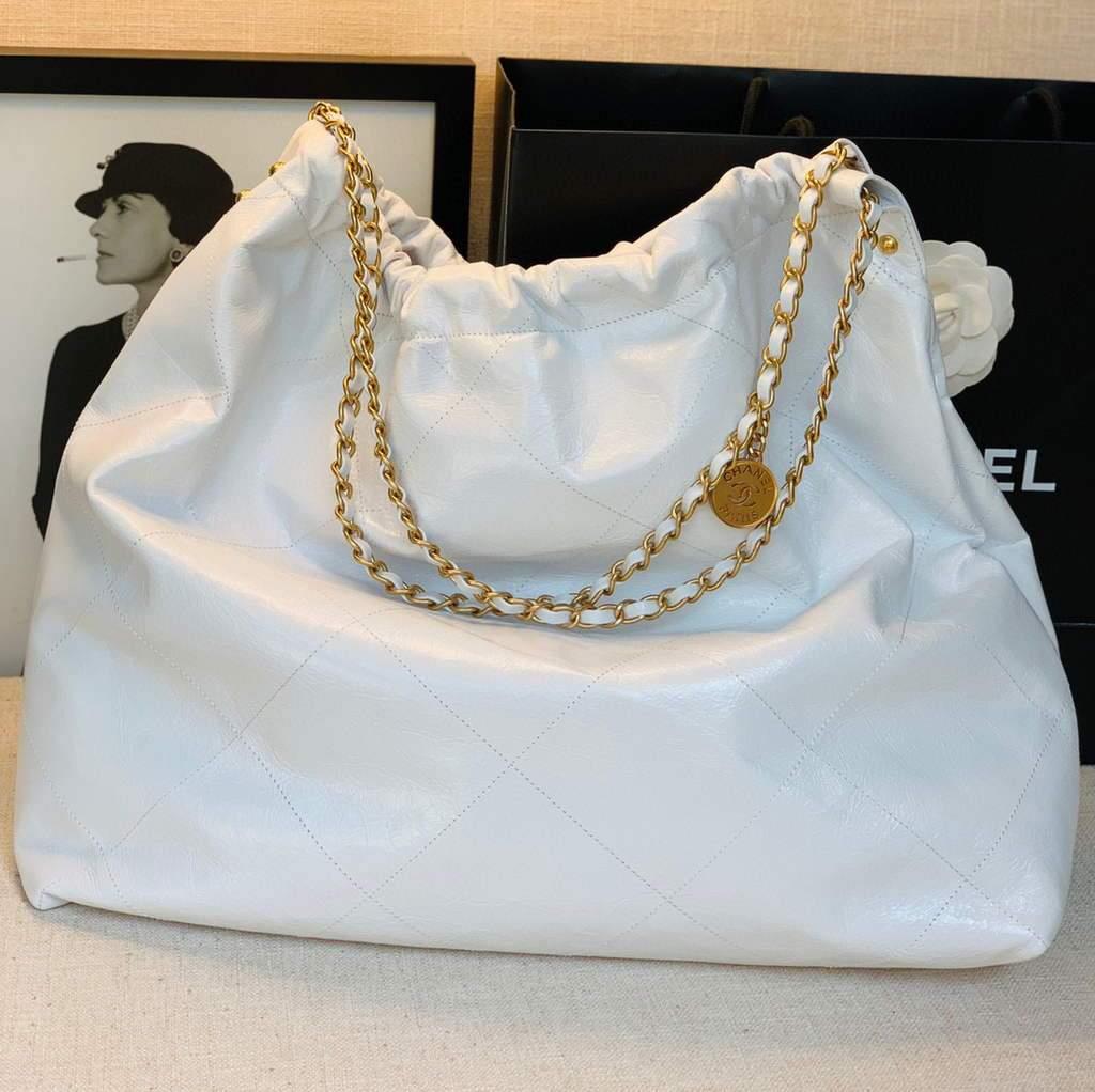 Chanel A68200 Large Chain Shopping Bag White Black
