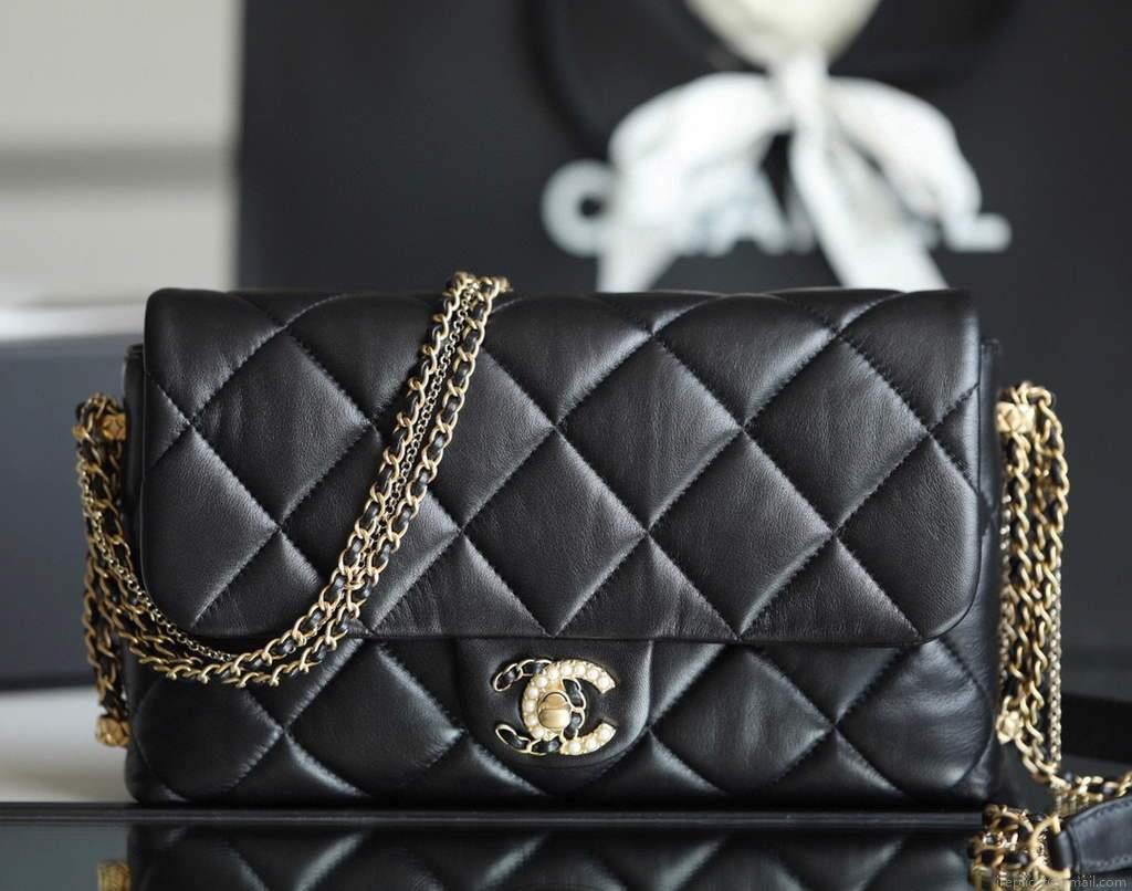 Chanel AS2563 Flap Bag Lambskin Gold Metal Black
