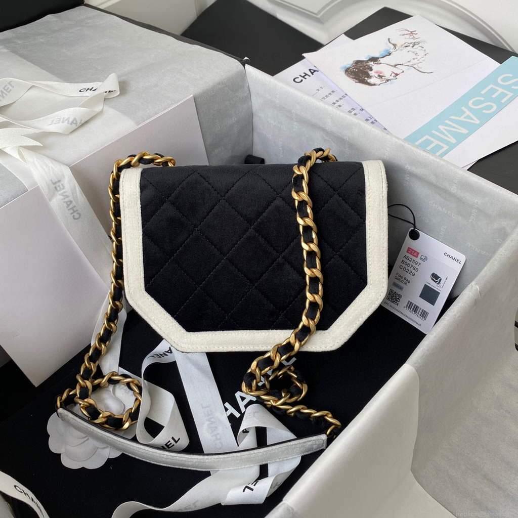 Chanel AS2597 Mini Flap Bag Velvet & Gold Tone Metal Black & White