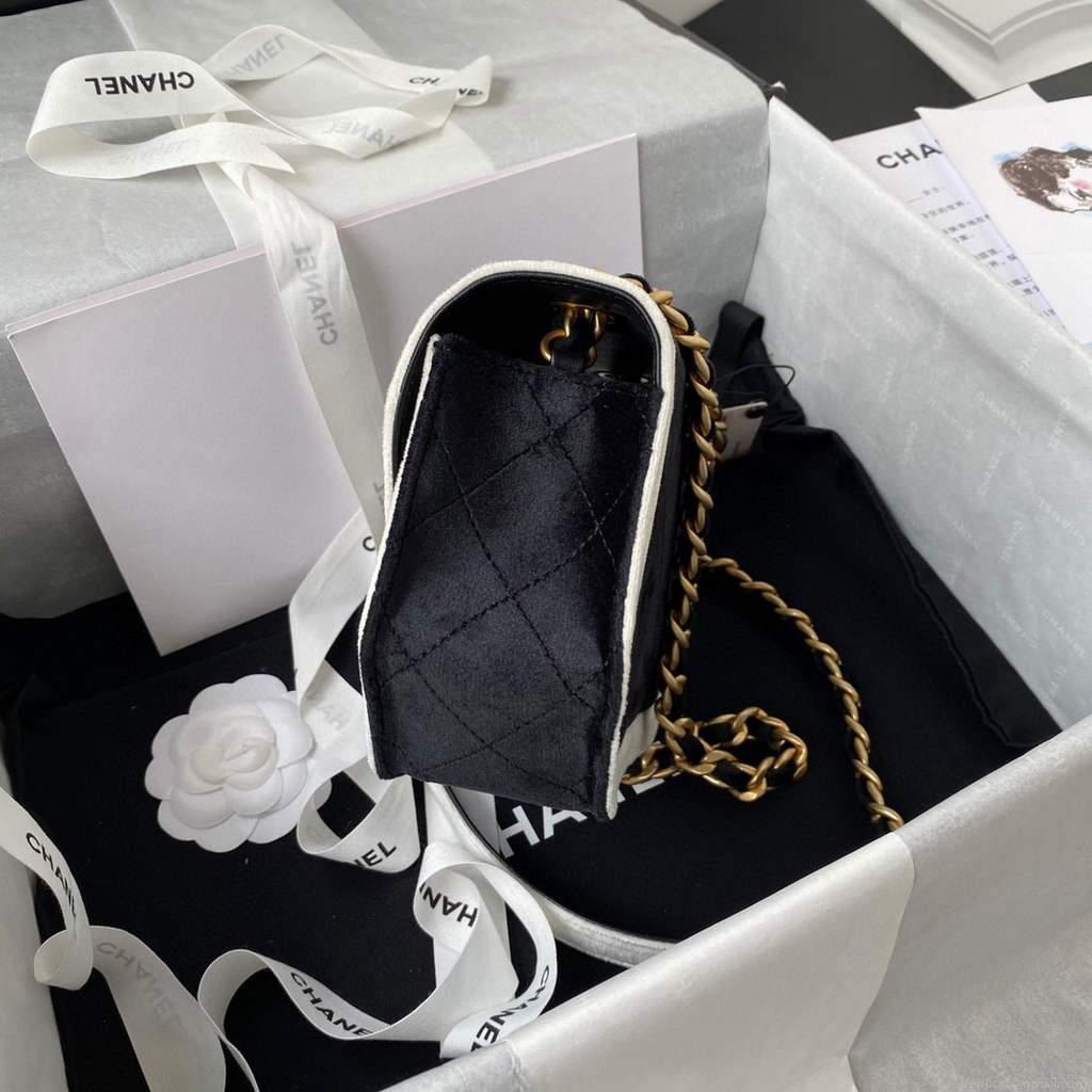 Chanel AS2597 Mini Flap Bag Velvet & Gold Tone Metal Black & White