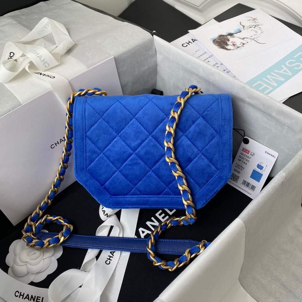 Chanel AS2597 Mini Flap Bag Velvet & Gold Tone Metal Blue